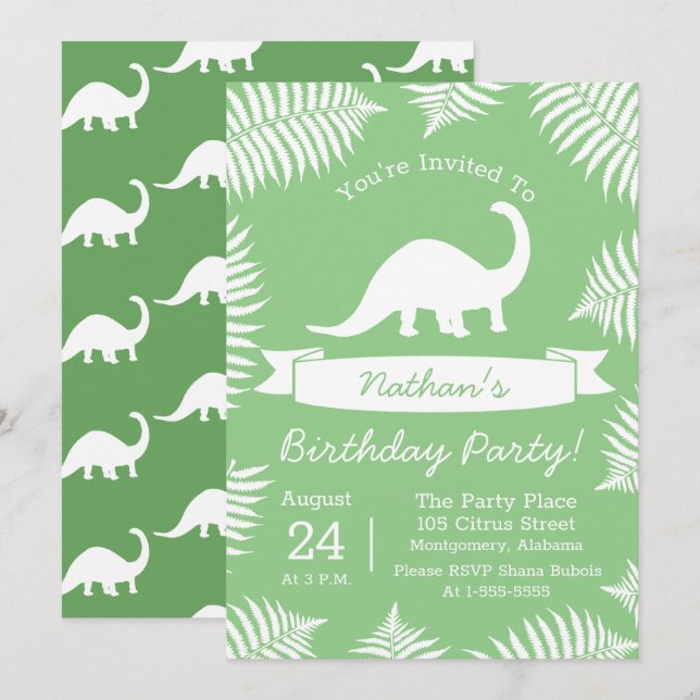 Modern Dinosaur Brontosaurus & Jungle Ferns Invitation (Front/Back)