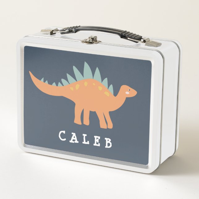 Modern Dinosaur Navy & Orange Personalized Metal Lunch Box (Front)