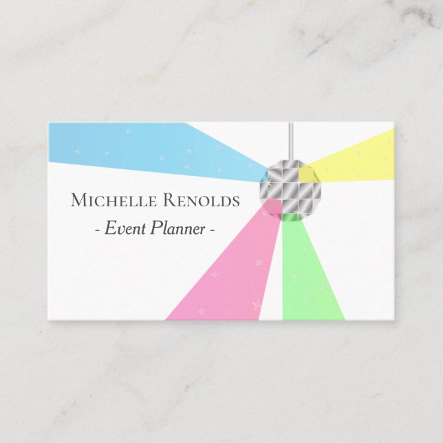Modern Disco Ball Pastel Strobe Lights Events Business Card (Front)