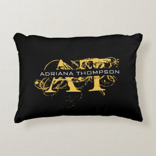 Modern Distressed Black & Gold Monogrammed Accent Pillow