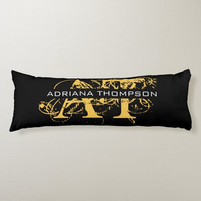 Modern Distressed Black & Gold Monogrammed Body Pillow (Front)