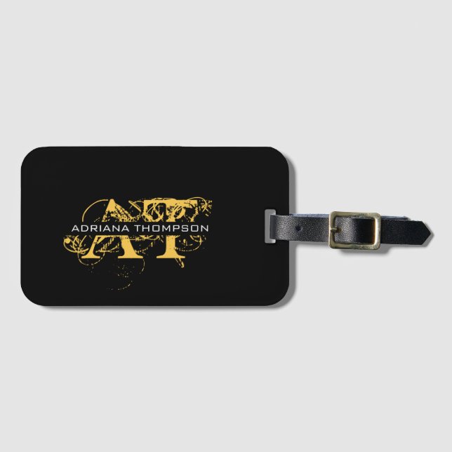 Modern Distressed Black & Gold Monogrammed  Luggage Tag (Front Horizontal)