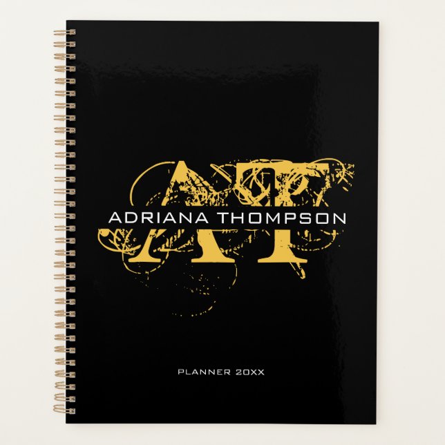 Modern Distressed Black & Gold Monogrammed Planner (Front)