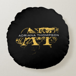 Modern Distressed Black & Gold Monogrammed Round Pillow