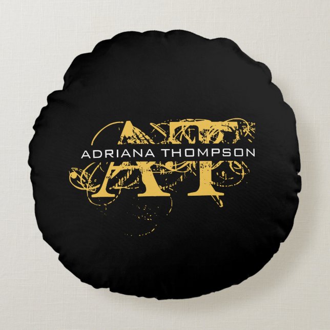 Modern Distressed Black & Gold Monogrammed Round Pillow (Front)