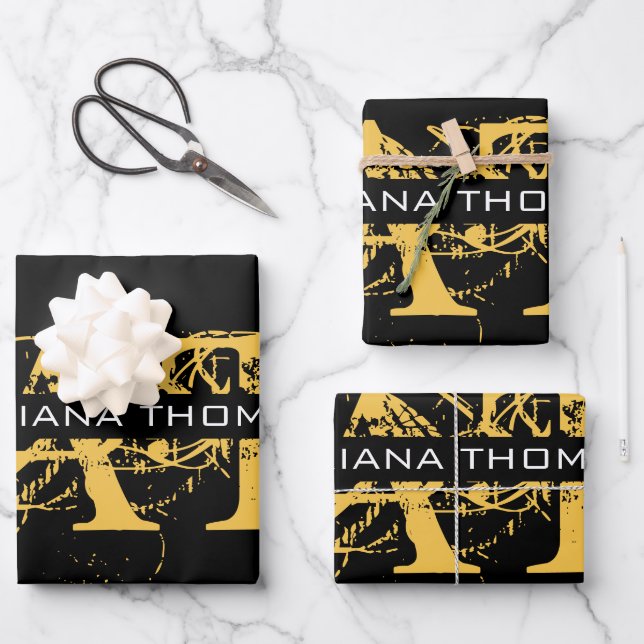 Modern Distressed Black & Gold Monogrammed Wrapping Paper Sheet (Front)