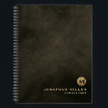 Modern Distressed Leather Brushed Gold Monogram Notebook<br><div class="desc">Modern Black Chestnut Brown Distressed Leather Texture Background Brushed Metallic Gold Monogram Medallion Initial Name Title Custom Text Home Office Work School Notebook</div>