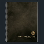 Modern Distressed Leather Brushed Gold Monogram Notebook<br><div class="desc">Modern Black Chestnut Brown Distressed Leather Texture Background Brushed Metallic Gold Monogram Medallion Initial Name Title Custom Text Home Office Work School Notebook</div>