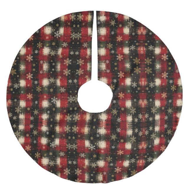 Modern Distressed Plaid Snowflake Pattern Brushed Polyester Tree Skirt (Front)