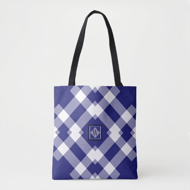 Modern Dk Blue White Purple Checked Shoulder Tote (Front)