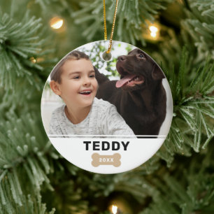 Modern Dog Bone Christmas Puppy Photo and Name Ceramic Ornament