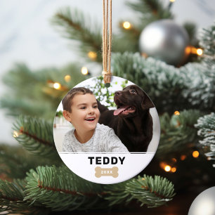 Modern Dog Bone Custom Puppy Name Photo Ornament