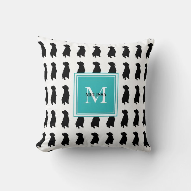 Modern dog dogs silhouette teal monogram name throw pillow (Front)