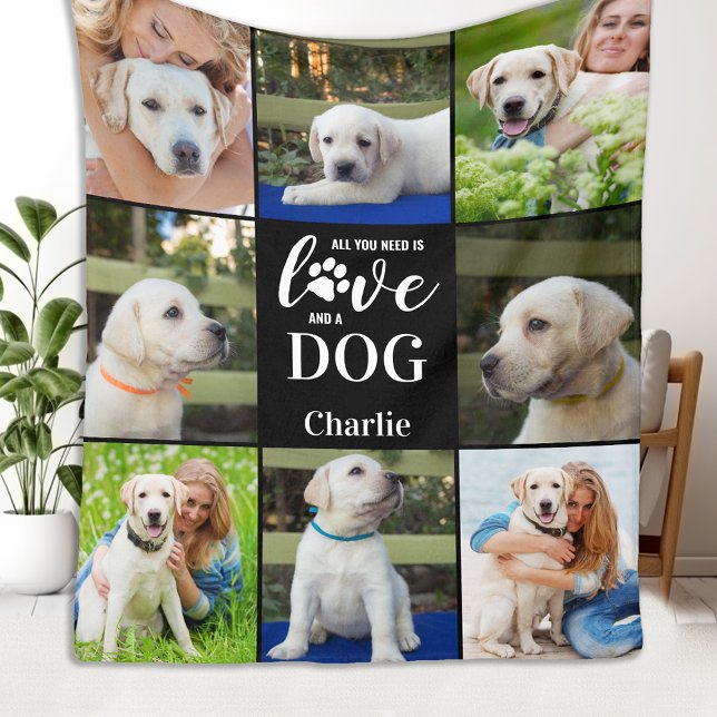 Modern Dog Lover Pet Personalized 8 Photo Collage Fleece Blanket (Creator Uploaded)