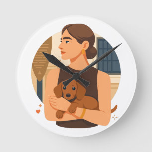 Modern Dog Mom Aesthetic With Cute Puppy Round Clock