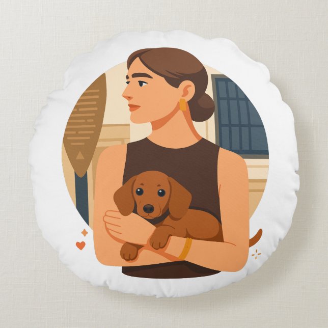 Modern Dog Mom Aesthetic With Cute Puppy Round Pillow (Front)
