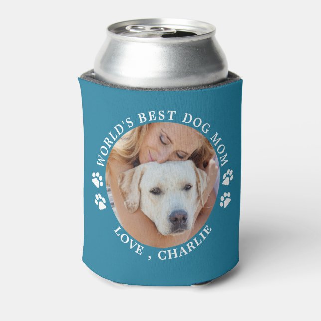 Modern Dog Mom Personalized Cute Pet Photo Can Cooler (Can Back)