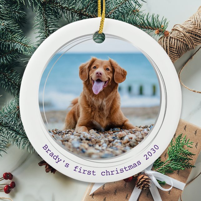 Modern Dog Personalized 2 Pet Photo Christmas Ceramic Ornament (Creator Uploaded)