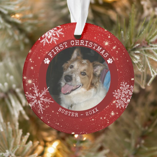Modern Dog Red FIRST CHRISTMAS Snowflake Photo Ornament (Tree)