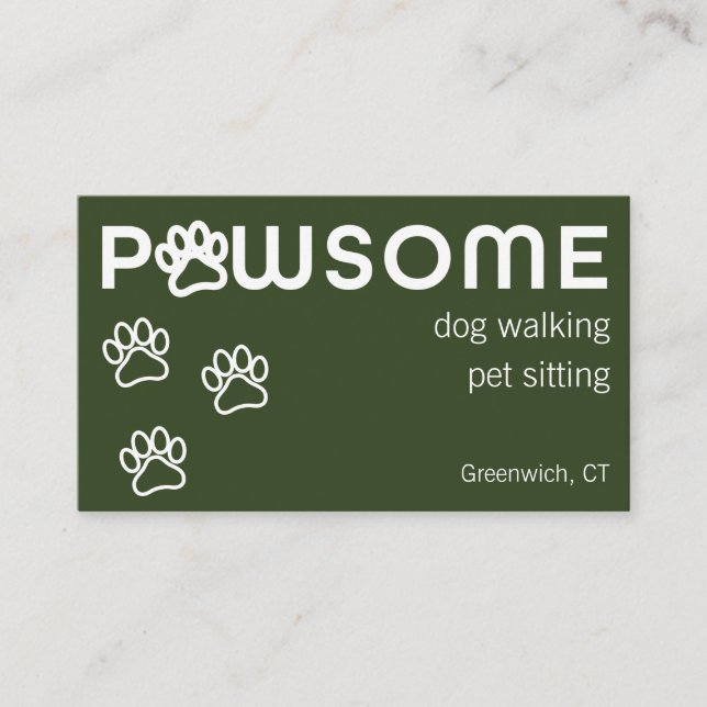 Modern Dog Walker Pet Sitter Pawsome Dark Green Business Card (Front)