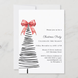 Modern doodle tree red tartan bow Christmas Party Invitation