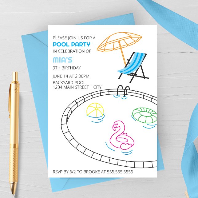Modern Doodles Pool Party Birthday Invitation (Creator Uploaded)