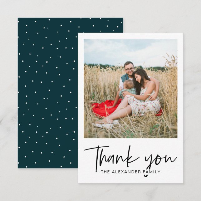 Modern Dots Teal and White Thank You Script Photo Card (Front/Back)