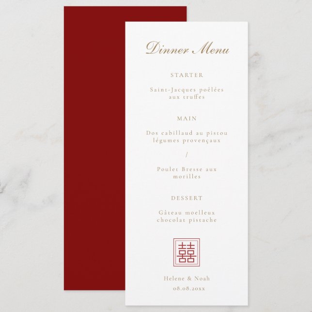 Modern Double Happiness Chinese Wedding Menu   (Front/Back)