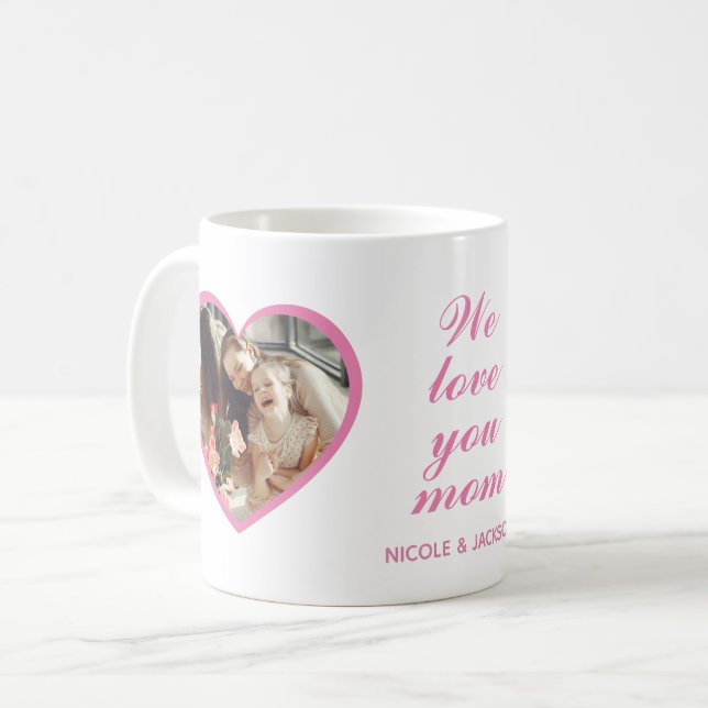 Modern Double Heart 2 Photos Name Mother's Day Coffee Mug (Front Left)