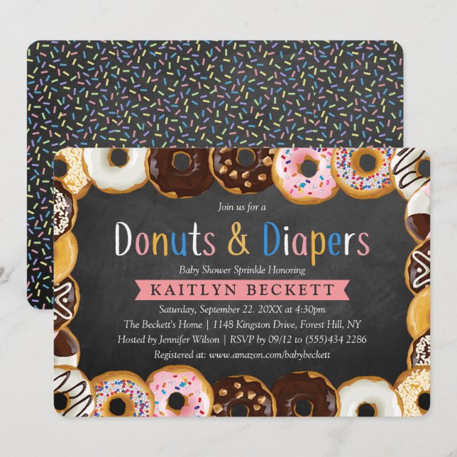 Modern Doughnuts & Diapers Baby Shower Sprinkle Invitation (Front/Back)