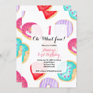 Modern doughnuts watercolor pattern fun 1st birthd invitation