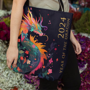 Modern Dragon Chinese New Year Monogram Floral Tote Bag