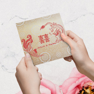 Modern Dragon-Phoenix Chinese Wedding Gold Red Invitation