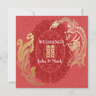 Modern Dragon-Phoenix Chinese Wedding Invite Red