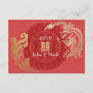 Modern Dragon-Phoenix Chinese Wedding RSVP Red Card