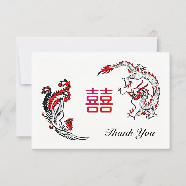 Modern Dragon-Phoenix Double-Xi Wedding Photo Thank You Card (Front)