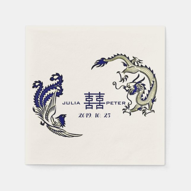 Modern Dragon-Phoenix Personalized Chinese Wedding Napkin (Front)