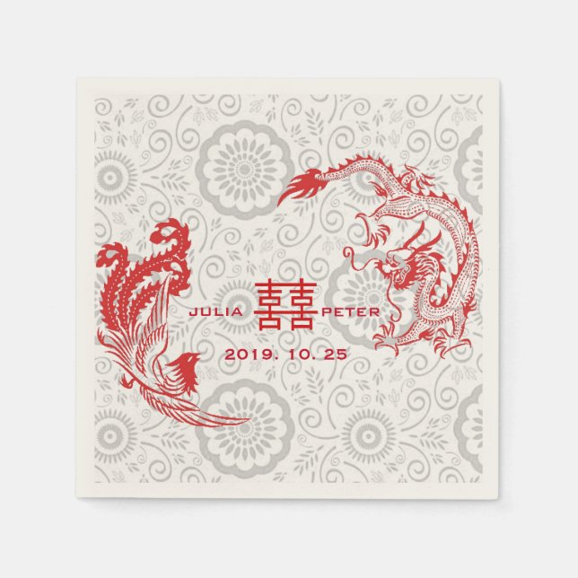Modern Dragon-Phoenix Personalized Chinese Wedding Napkin (Front)
