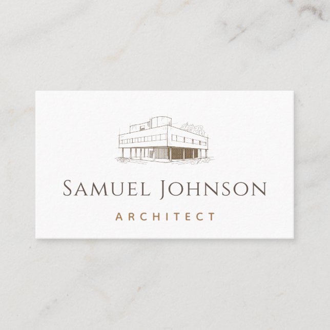 Modern Drawn Brown Building Architecture Architect Business Card (Front)