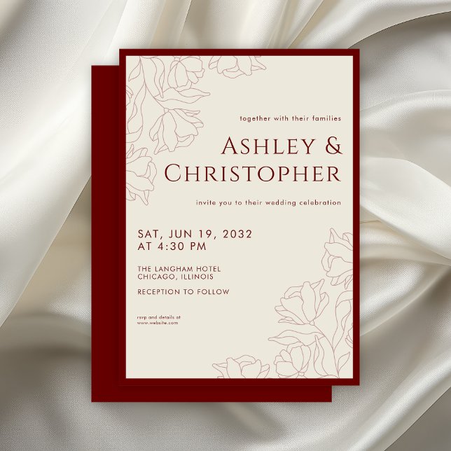 Modern Drawn Floral Crimson Red Wedding Invitation (Creator Uploaded)