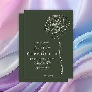 Modern Drawn Floral Dark Moss Green Wedding Invitation