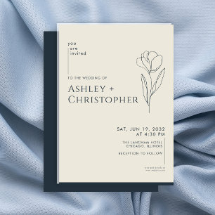 Modern Drawn Floral Navy Blue Wedding Invitation