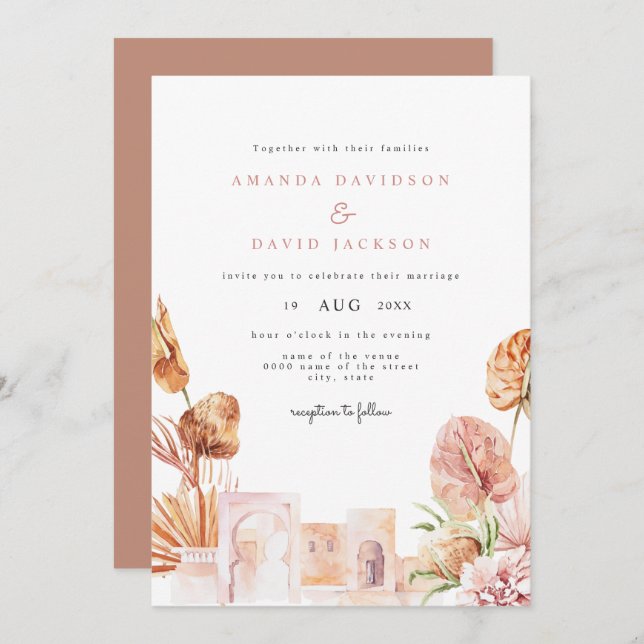 Modern Dried Leaves Desert Western Boho Wedding Invitation (Front/Back)