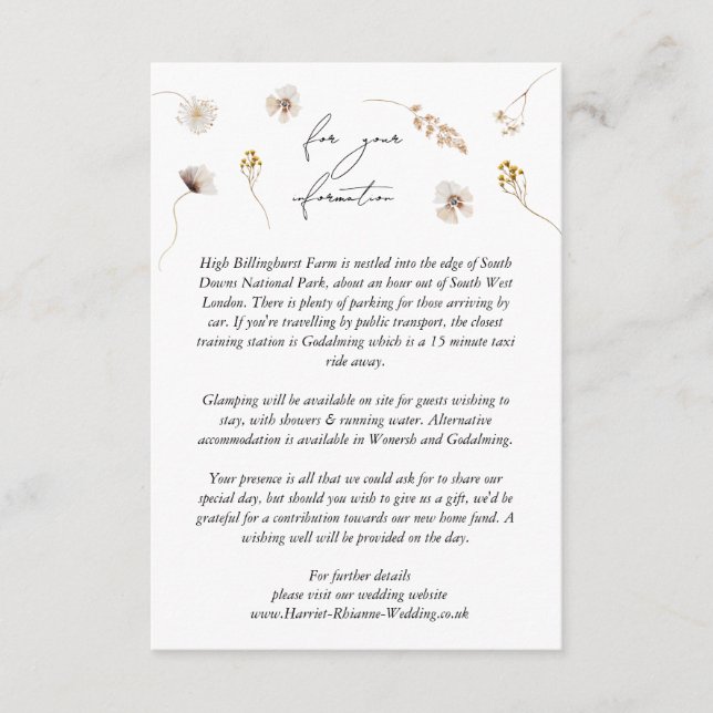 Modern Dried Wildflower Boho Wedding Details Card (Front)