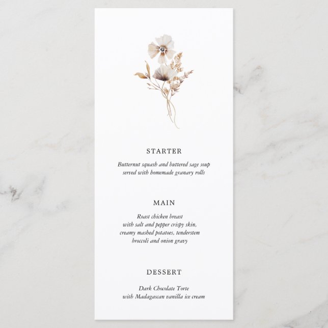 Modern Dried Wildflower Boho Wedding Menu (Front)