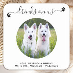 Modern Drinks On Us Personalized Photo Pet Wedding Square Paper Coaster<br><div class="desc">Drinks On Us! Add the finishing touch to your wedding with these cute custom photo wedding coasters . Perfect for your wedding after party and reception, and as wedding favours for your guests. Customize these photo dog wedding coasters with your favourite wedding photo, dog of honours photo, or your newlywed...</div>