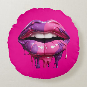 Modern Dripping Lips Art – Bold Pink & Purple Round Pillow