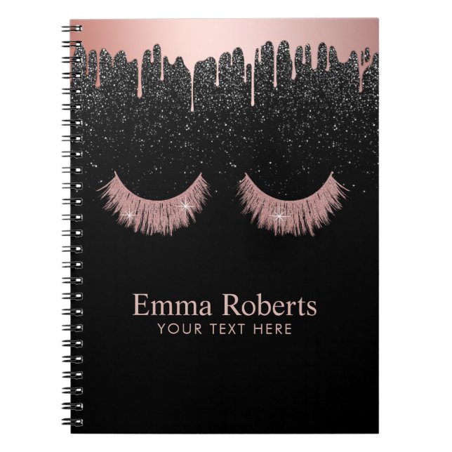 Modern Dripping Rose Gold Lashes Black Glitter Notebook (Front)