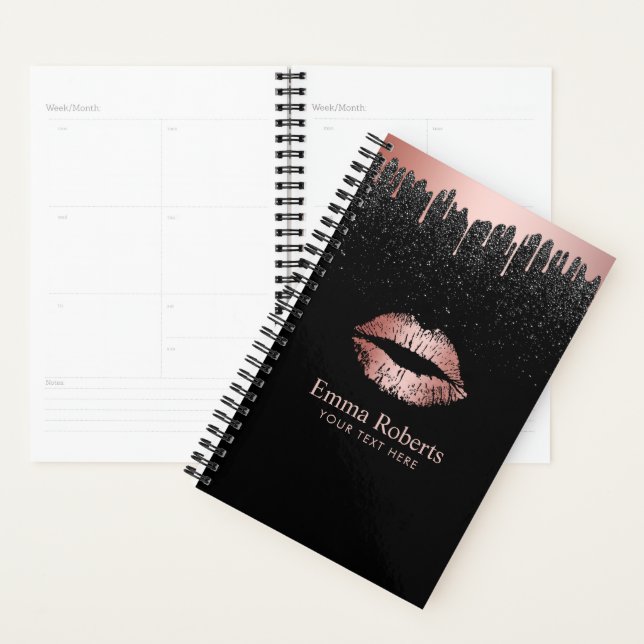 Modern Dripping Rose Gold Lips Black Glitter Planner (Display)