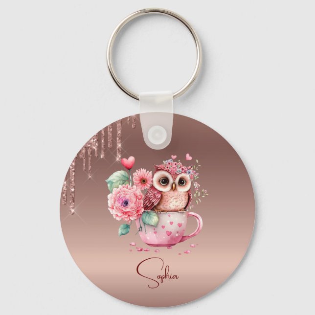 Modern Dripping Rose Gold Monogram Personalized Ow Keychain (Front)